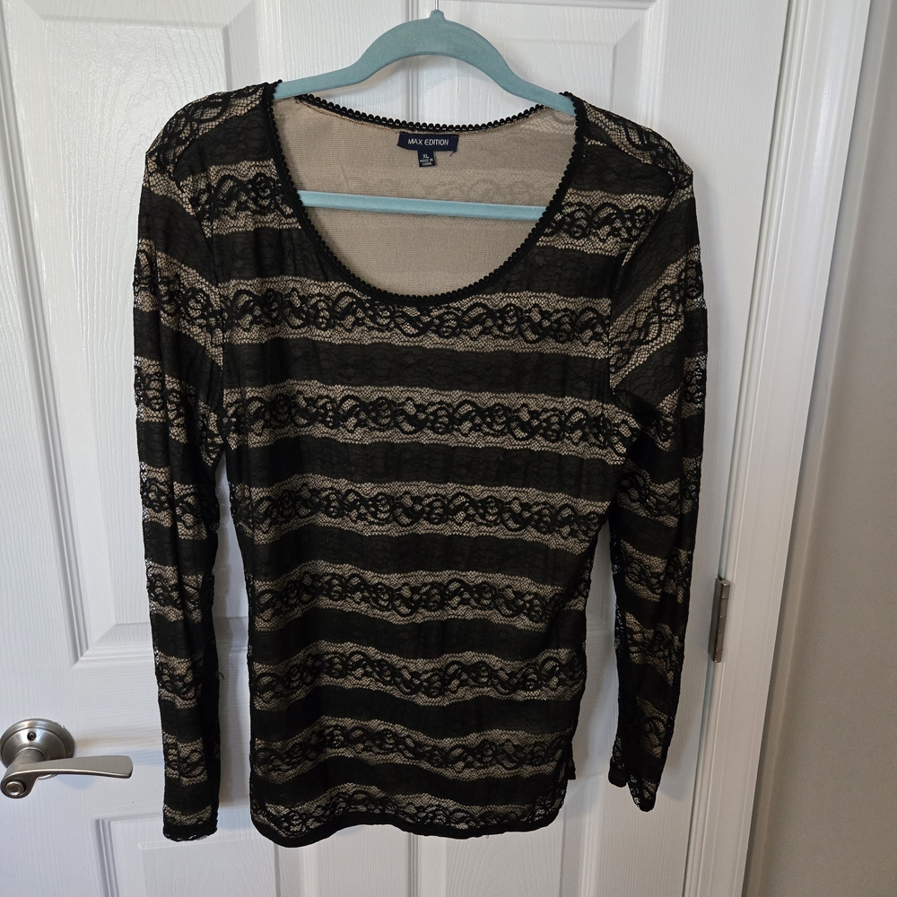 Max Edition Black Lace Stripe Long Sleeve Tee with Nude Lining